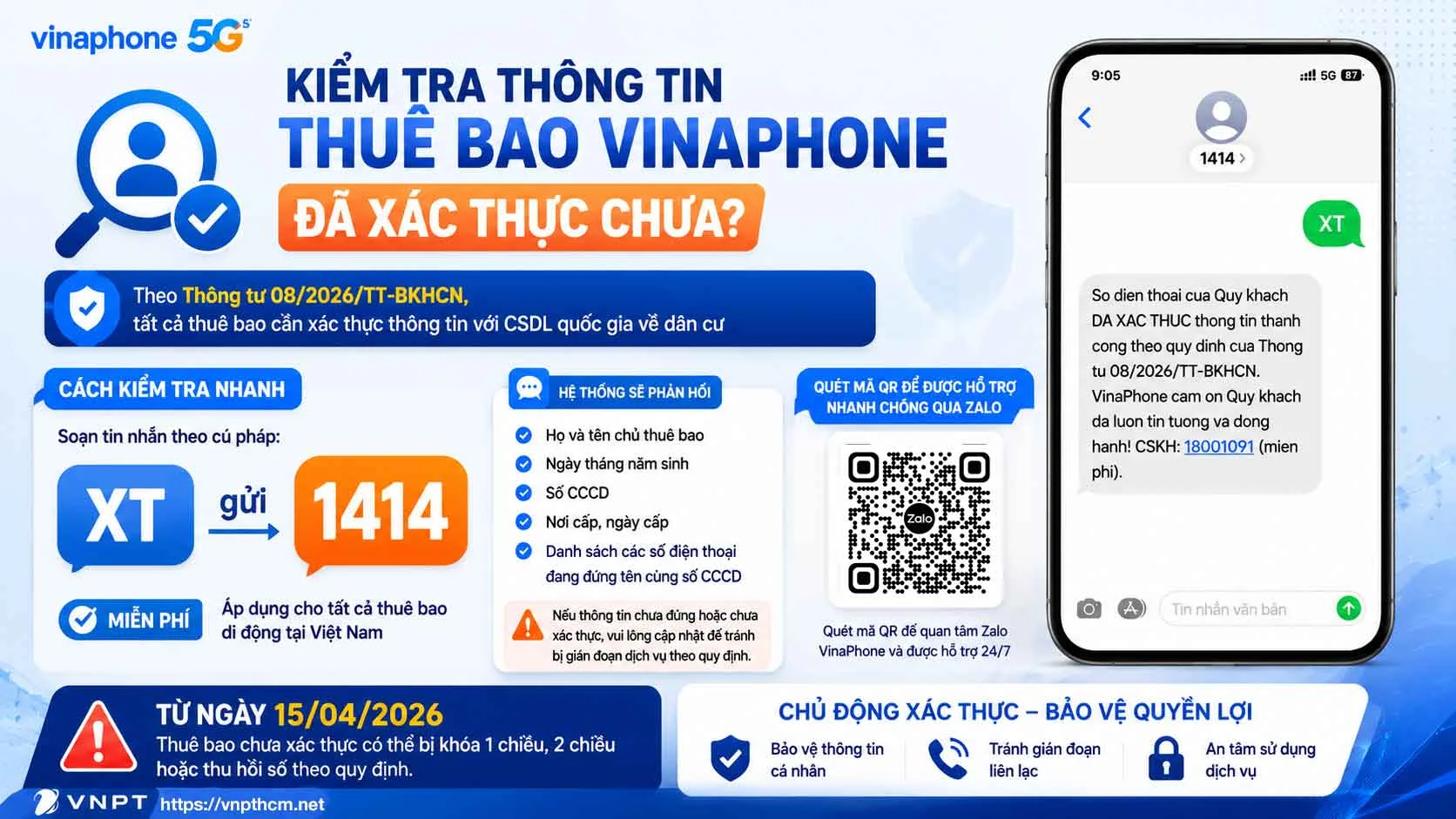 Cách kiểm tra thông tin thuê bao VinaPhone “Đã Xác Thực” theo Thông Tư 08/2026/TT-BKHCN hay chưa?