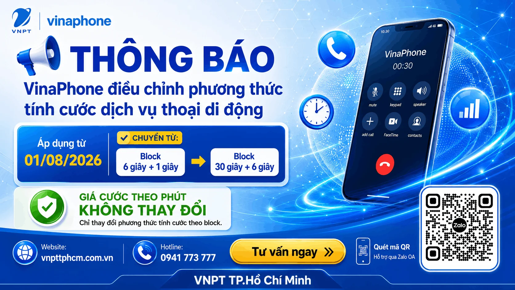 [THÔNG BÁO] VinaPhone Điều Chỉnh Phương Thức Tính Cước Thoại Từ 01/08/2026